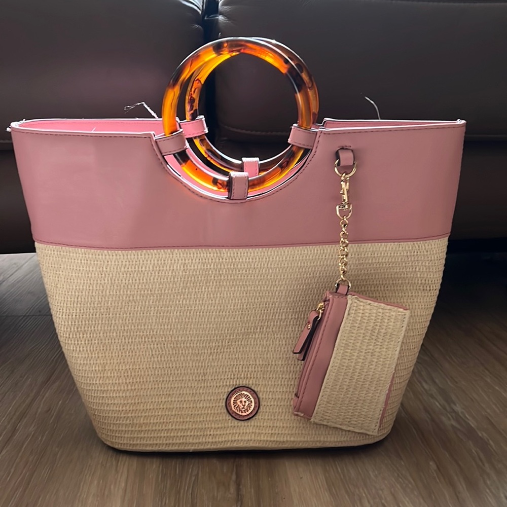 Ann Klein straw leather pink bag with side bag purse